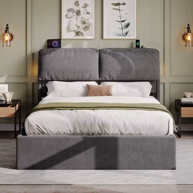 Merax 5ft King Ottoman Bed in Grey with Drawers, LED Lighting and USB Charging Station – 1