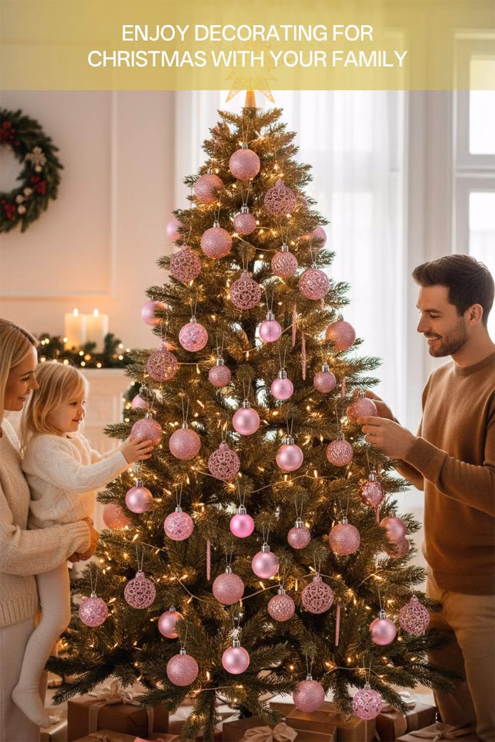 Living and Home 100-Piece Pink Christmas Bauble Ornament Set with Glitter and Abstract Geometric Cutout Design – 3