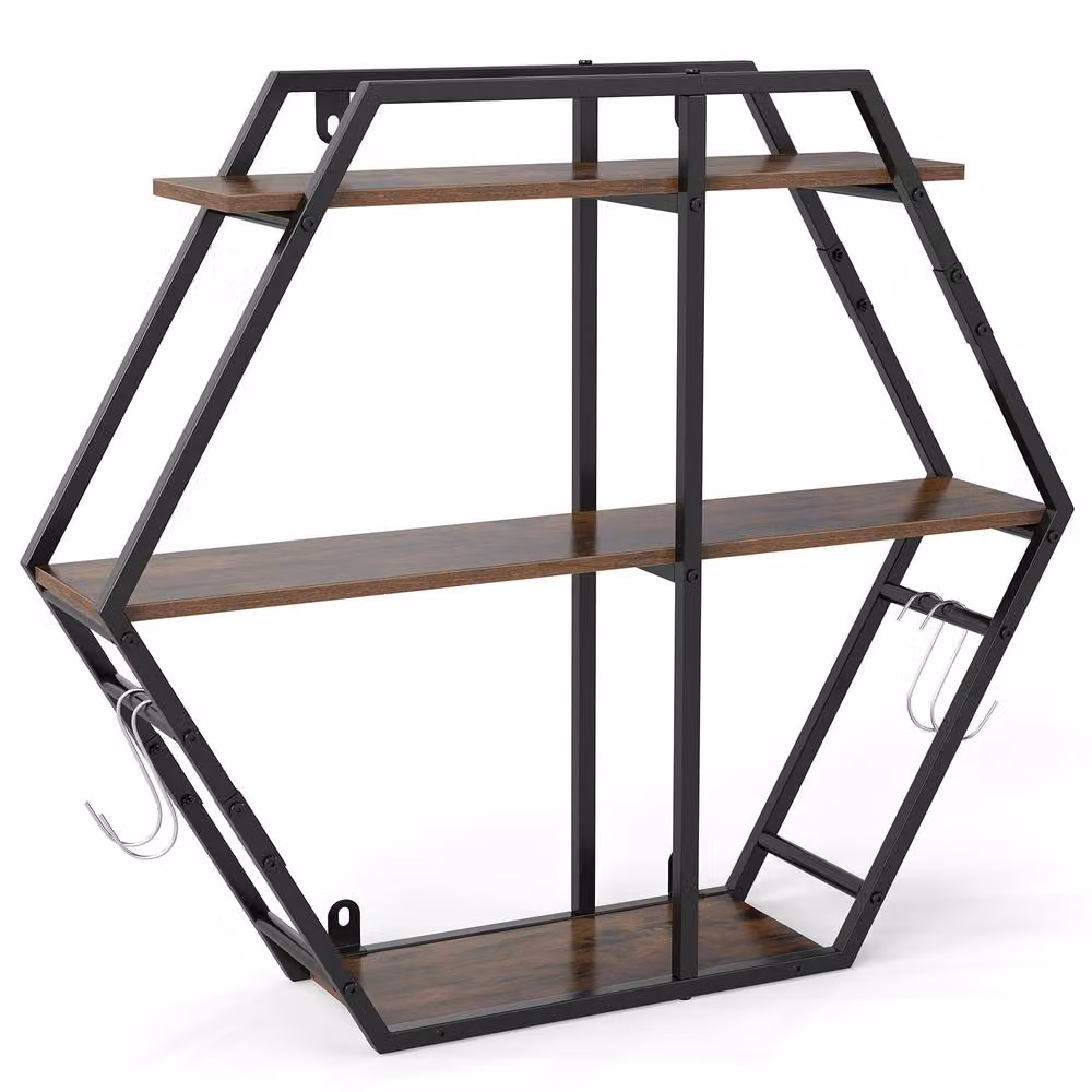 Gymax Industrial Geometric Hexagon Wall Shelves with Hooks and Metal Frame in Brown – 6