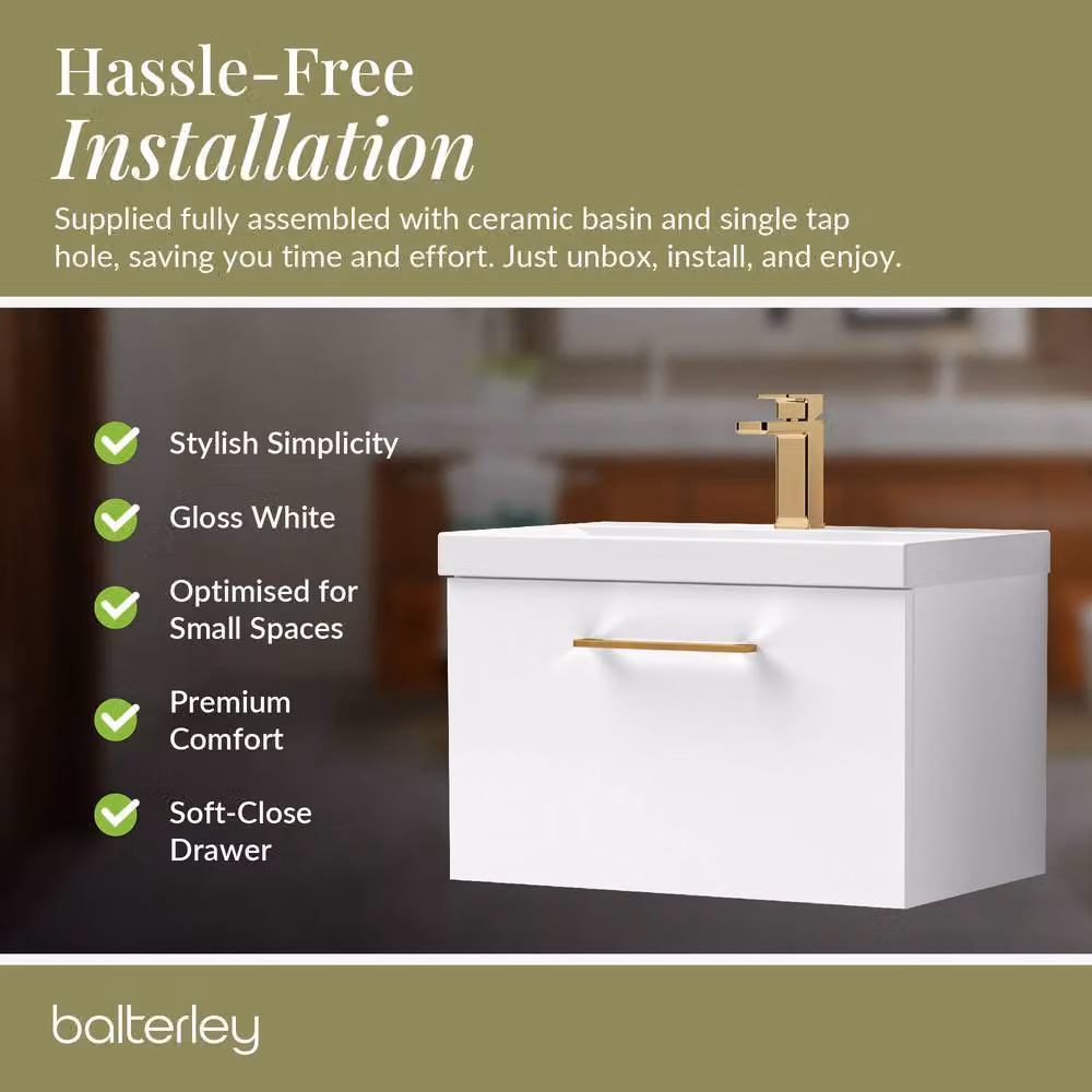 Balterley Gloss White Wall Hung 1 Drawer Vanity Basin Unit with Bronze Handle – 5