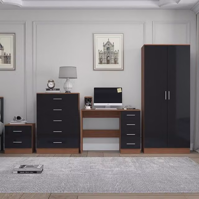 REFLECT Furniture Bundle including 2-Door Plain Wardrobe, Chest of Drawers, Bedside Table and Desk in Black Gloss and Matt Walnut