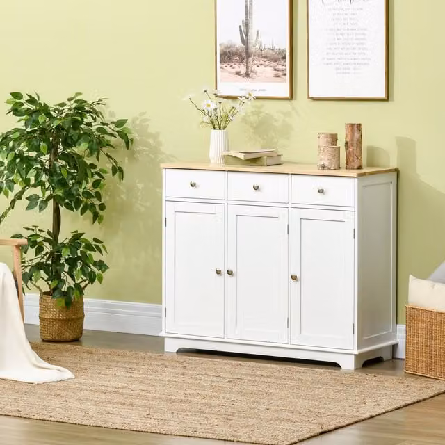 HOMCOM Modern White Lacquered Sideboard and Buffet Cabinet with Rubberwood Top