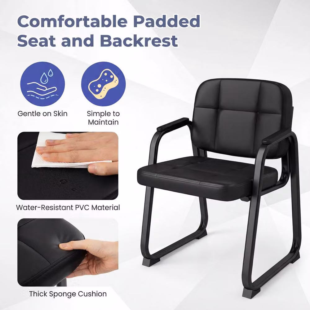 Gymax Set of 2 Black Synthetic Leather Office and Reception Guest Chairs with Armrests – 9