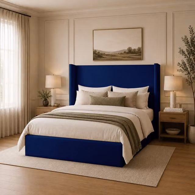 Desire Deco Luxury Wingback Lynx Upholstered Velvet Bed Frame in Blue, W/D/H: 120 x 200 cm