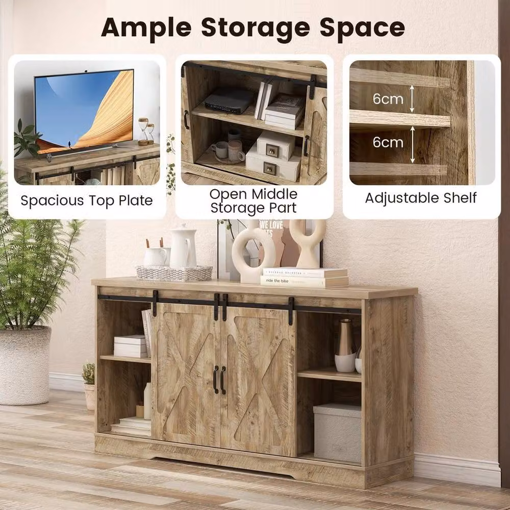 Kelvenix Rustic Oak Wood TV Stand and Entertainment Center in Brown with Media Compartments and Grommet for Living Rooms – 3