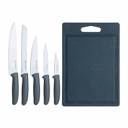 Viners 5 Piece Knife and Chopping Board Set with Stainless Steel Knives and Grey Handles – 1