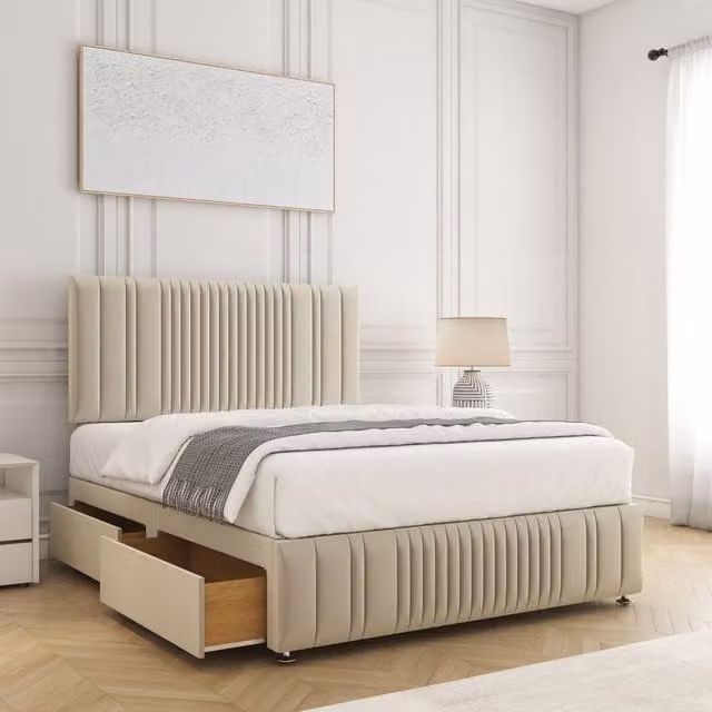 BSSPOKE Rosie Double Divan Bed Set with 24 inch Headboard, Footboard, 2 Drawers and Mattress in Beige Velvet Fabric, W/D/H: 140 x 200 cm