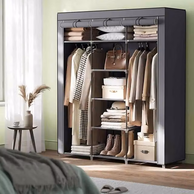 The Bazaarist Portable Canvas Fabric Wardrobe with Hanging Rod and Internal Shelves, Grey, W/D/H: 150 x 45 x 175 cm
