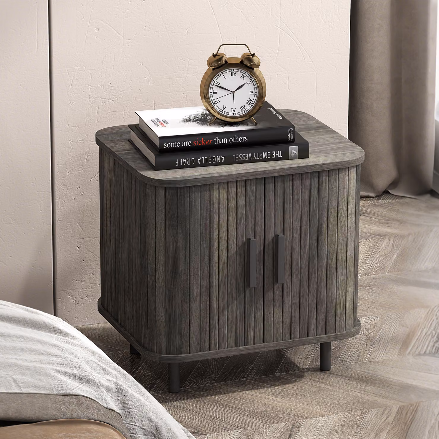 HOMCOM Grey Nordic Bedside Table with Roller Shutter Style Sliding Doors and Metal Legs – 2