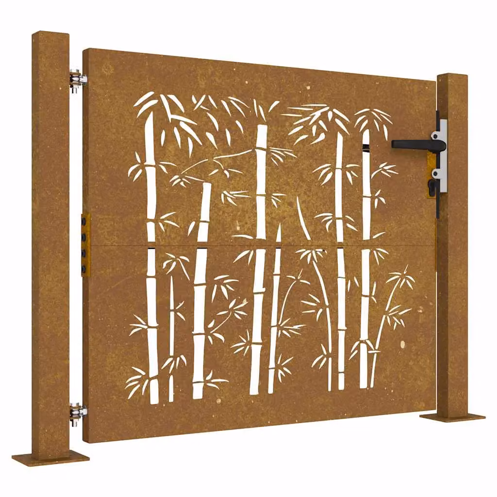 Berkfield Home Garden Gate in Brown Corten Steel with Bamboo Design, W: 105 cm, H: 80 cm – 2