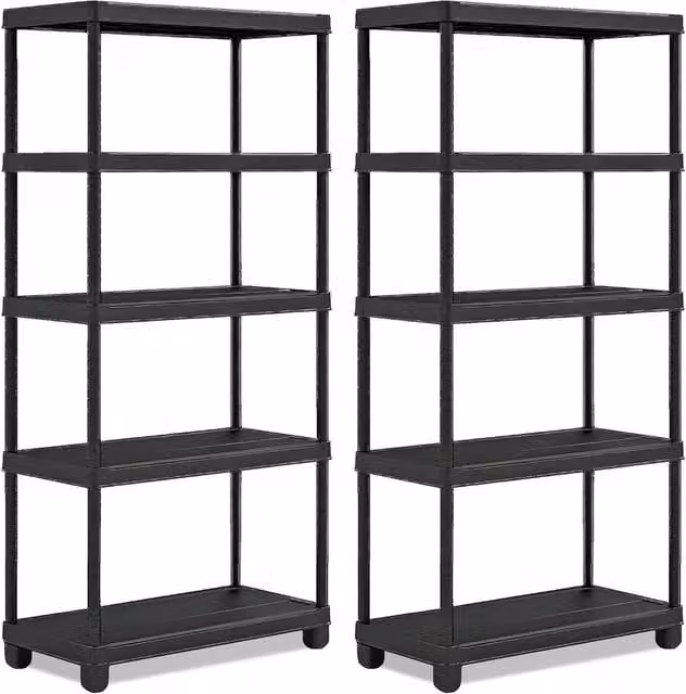 Havendro Set of 2 Black 5-Tier Plastic Shelving Units for Garage and Home Storage
