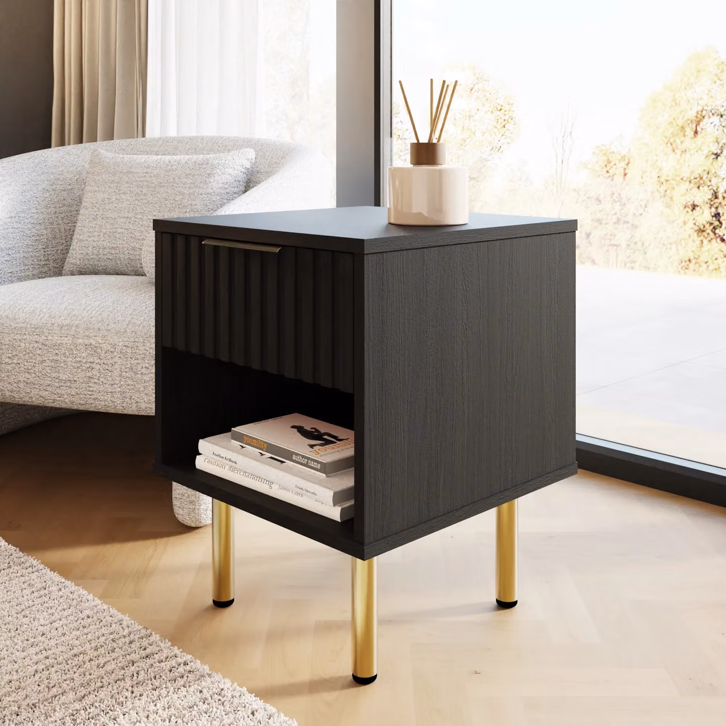 GFW Nervata Black and Gold 1 Drawer Lamp Table – 3