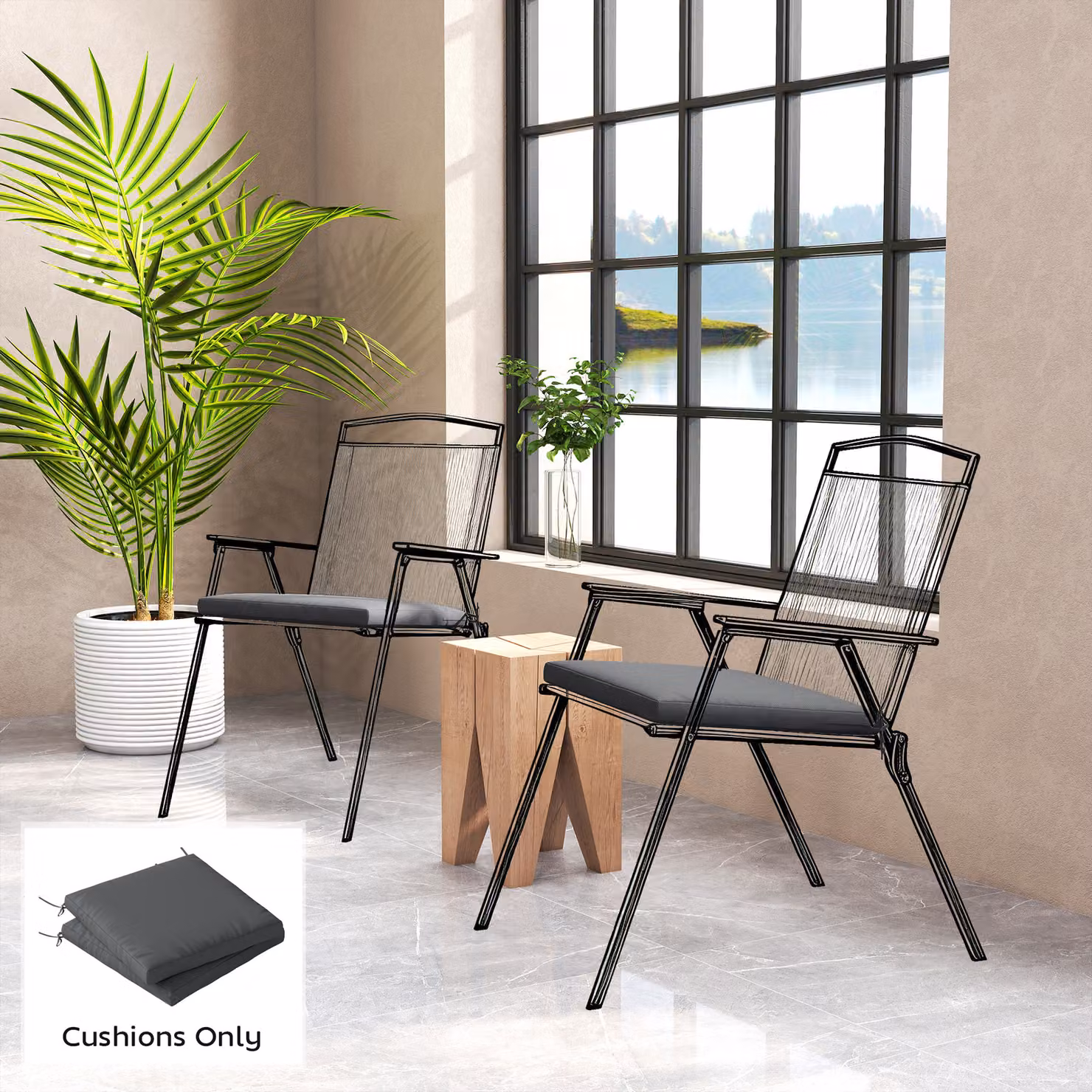 Outsunny Set of 2 Waterproof Outdoor Seat Cushions with Ties, Dark Grey Rectangular Foam Garden Seat Pads with Removable Washable Covers – 2