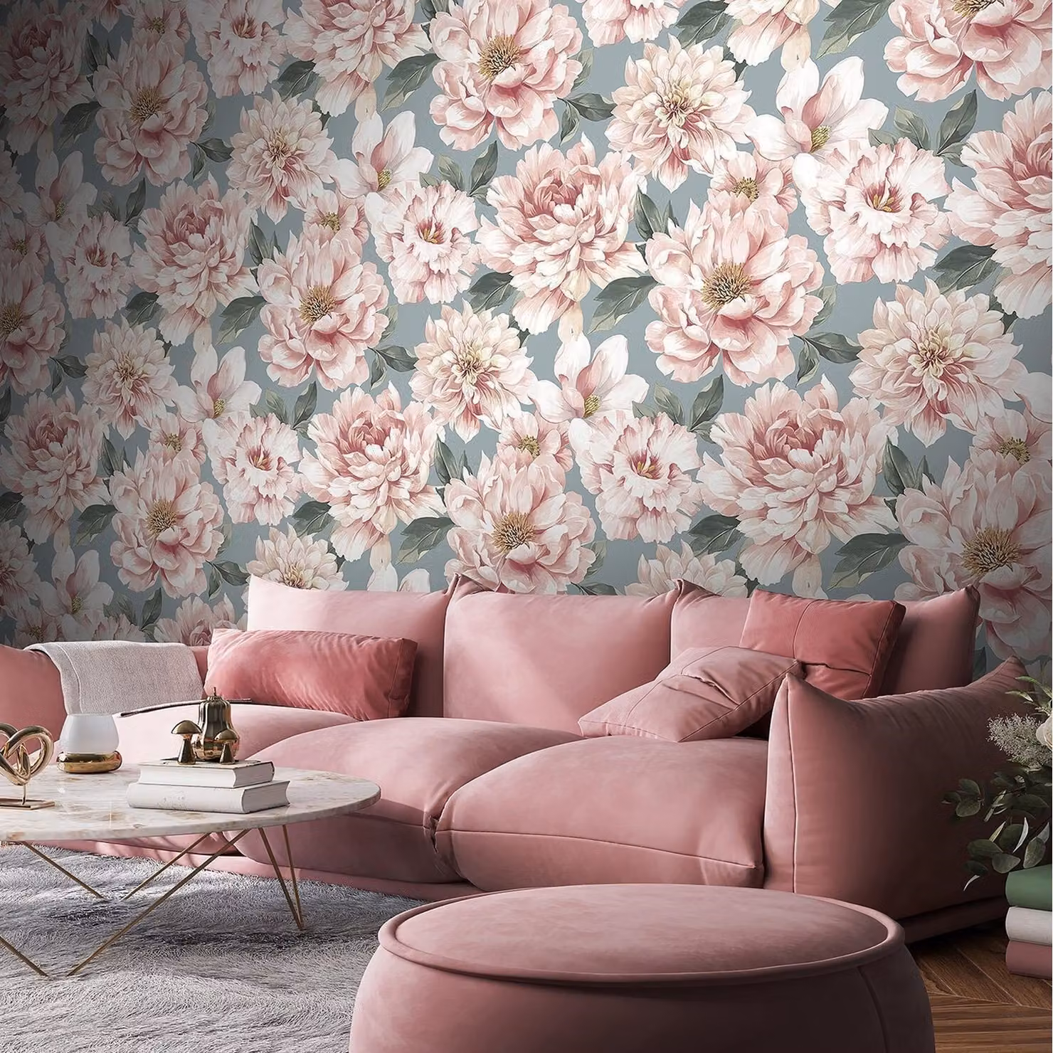 Rasch Floral Large Flowers and Leaf Botanical Wallpaper in Celadon Green and Pink – 2
