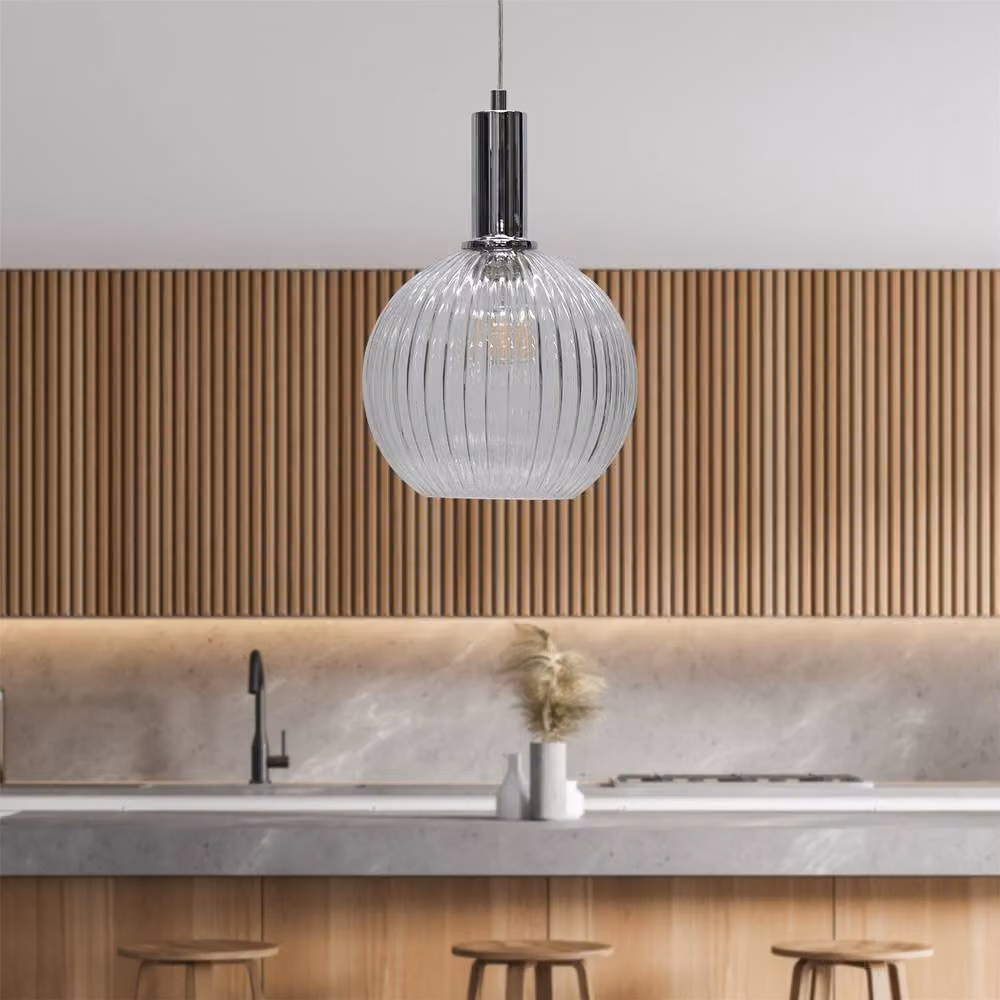 First Choice Lighting Betchley Set of 2 Chrome Deco Pendants with Transparent Ribbed Glass Globes – 2
