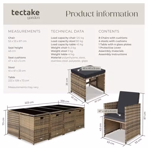 tectake Polyrattan Garden Furniture Set in Nature/Dark Grey, Including 8 Dining Chairs, 1 Table, 4 Stools and Protective Cover for Up to 12 People – 6