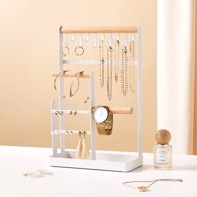 Garden Sanctuary White Jewellery Organizer Display Stand with Shelf in Wood and Metal