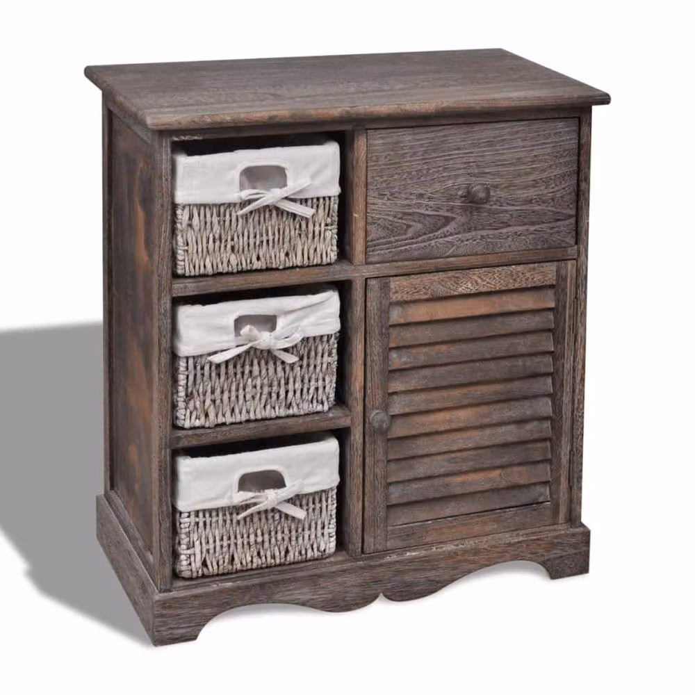 Berkfield Home Wooden Cabinet with 3 Left Weaving Baskets in Brown – 2