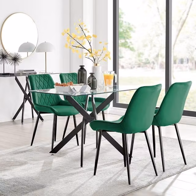 FurnitureboxUK Leonardo Green Glass Rectangular Dining Table with 4 Pesaro Black Leg Chairs, W: 120 cm