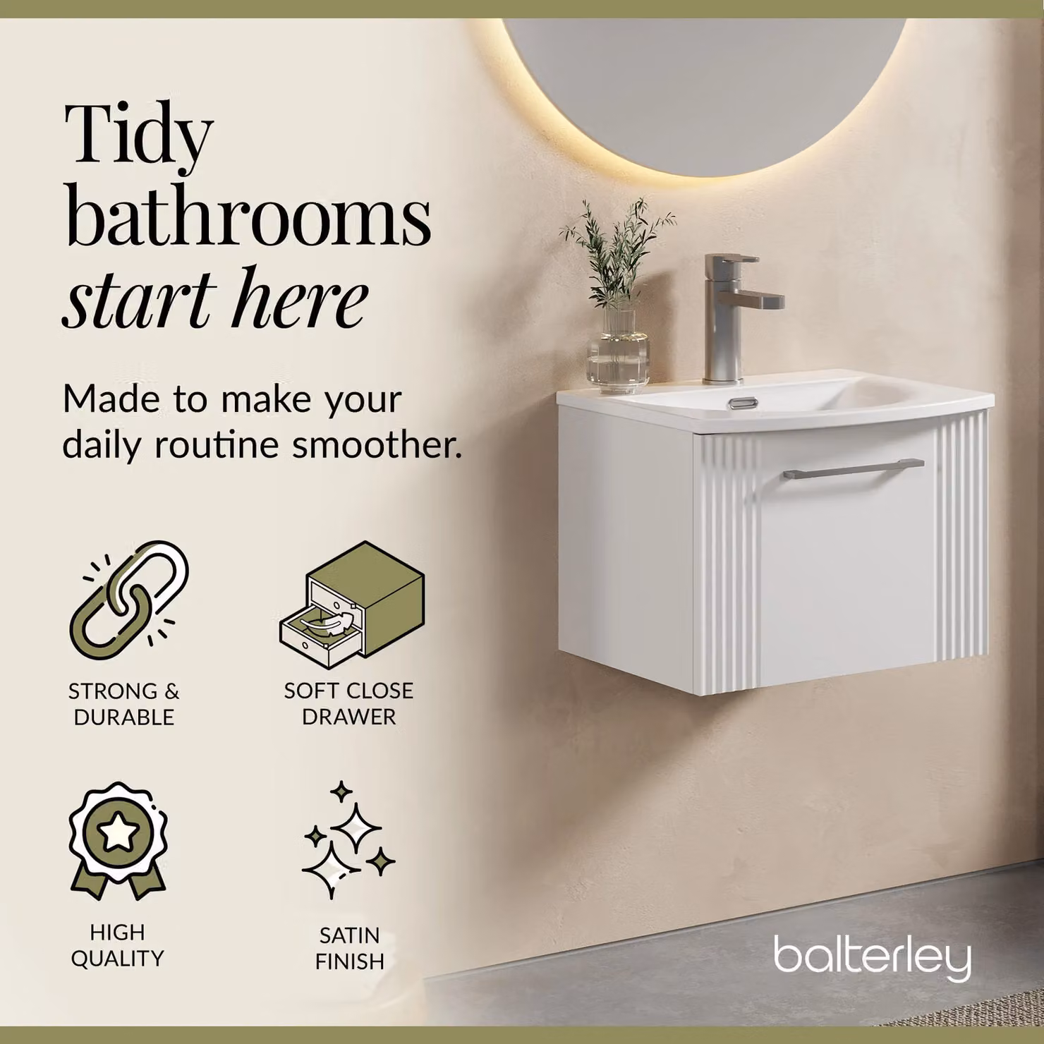 Balterley Wall Hung 1 Drawer Vanity Unit with Curved Basin, Satin White, Width: 50 cm – 2