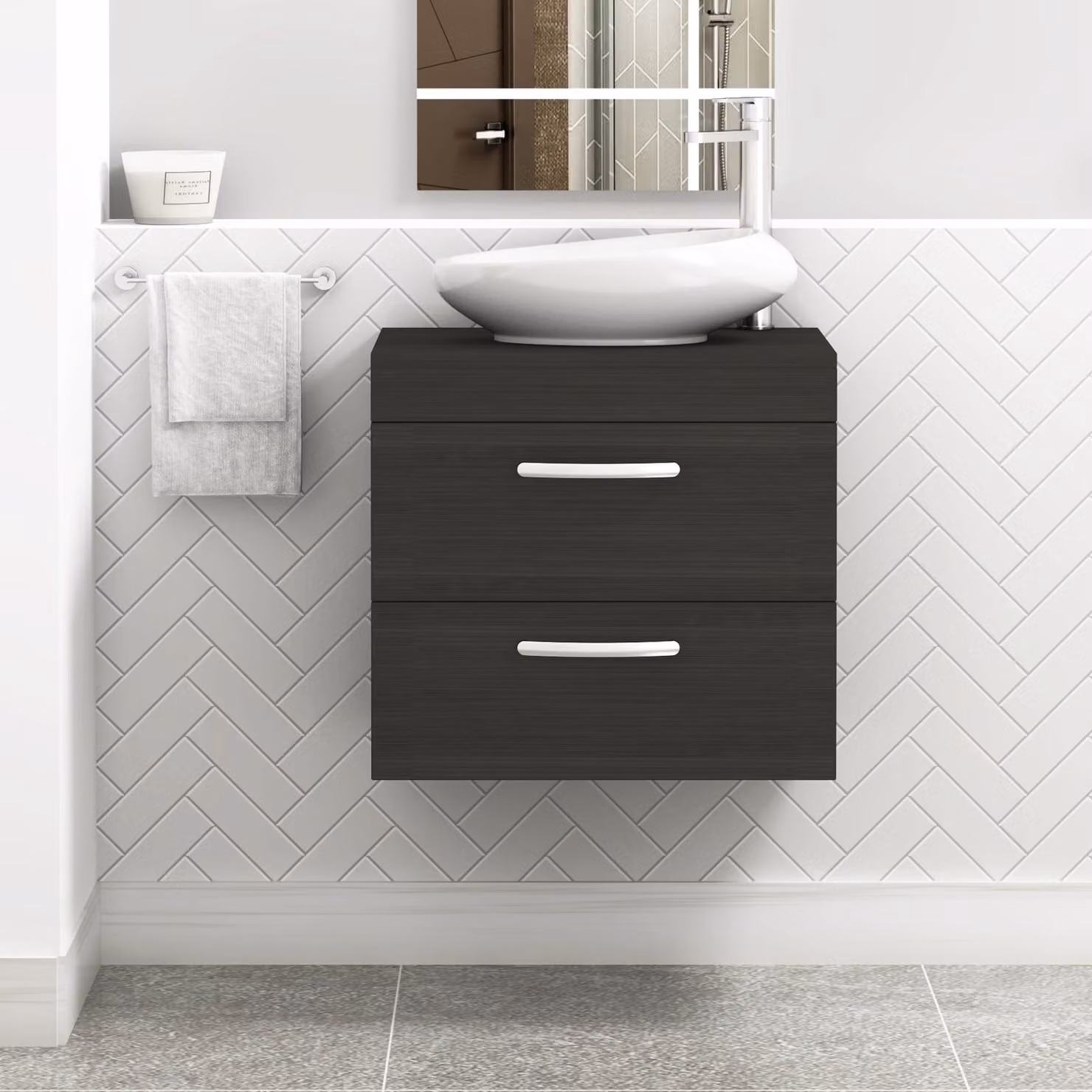 Nova Turin Wall Hung Vanity Unit with 2 Drawers and Countertop Basin, Charcoal Oak and Anthracite Grey, 600mm
