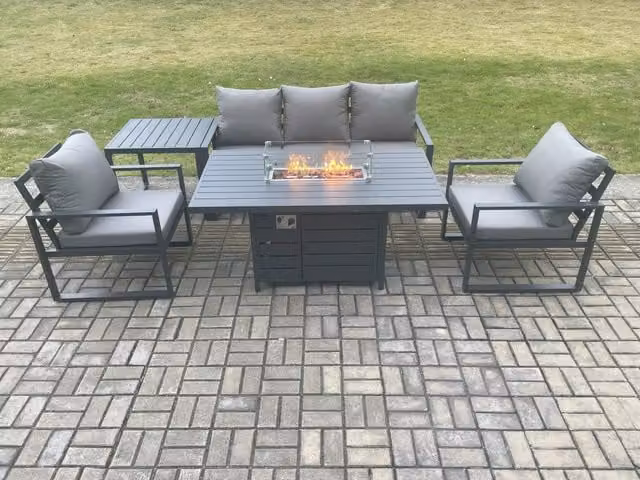 Fimous 5 Seater Dark Grey Aluminium Outdoor Garden Furniture Set with Gas Fire Pit Dining Table, 2 Armchairs and Side Table