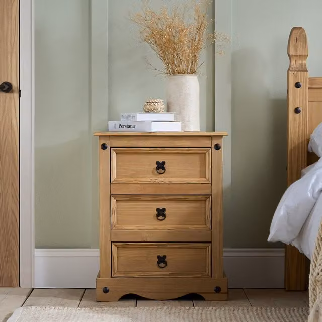 Birlea Corona Large 3 Drawer Bedside Table in Rustic Pine and Brown