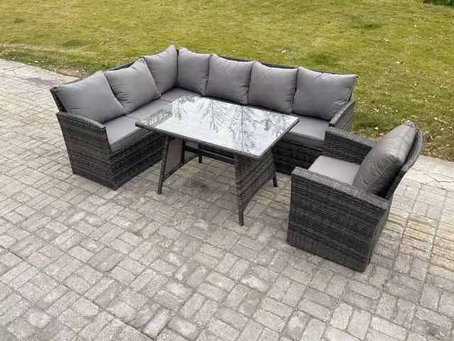 Fimous Wicker Rattan Garden Furniture Corner Sofa Set with Oblong Dining Table and Armchair in Dark Grey