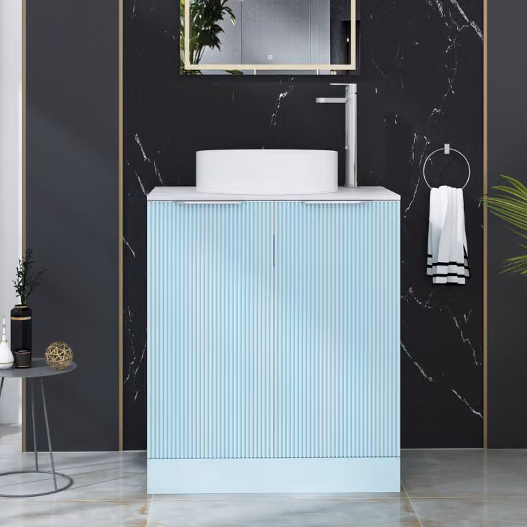 Royal Bathrooms Evora Powder Blue Fluted Floor Standing Countertop Vanity Unit with Art Deco Basin and 2 Soft Close Doors, W: 70 cm