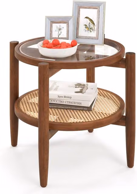 Costway 2-Tier Round Side Table with Storage Shelf in Brown