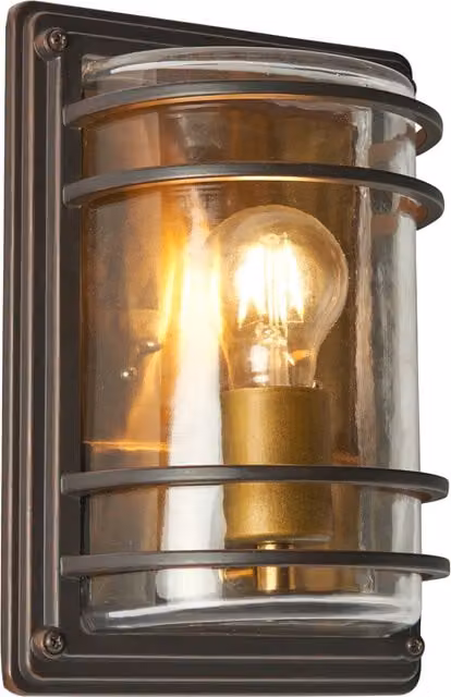 Litecraft Rico Industrial Outdoor Wall Light in Antique Bronze with Brass Accents and Transparent Glass