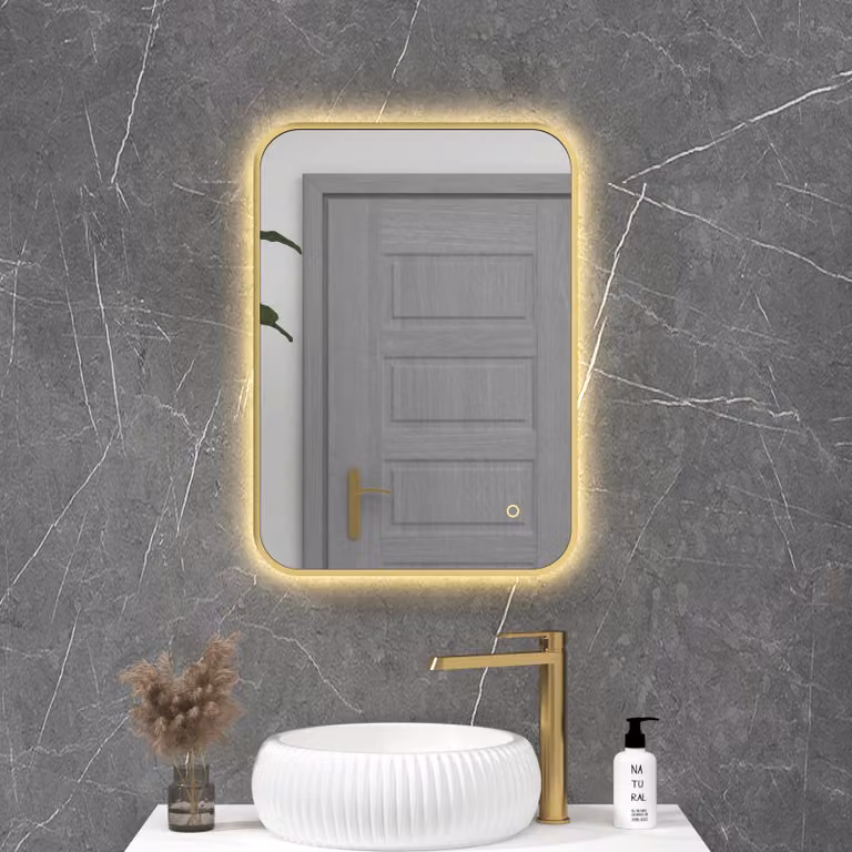 Royal Bathrooms Luton Rectangular LED Illuminated Bathroom Mirror in Gold, W: 50 cm, H: 70 cm, with Touch Sensor and Dimmable Backlit Lighting