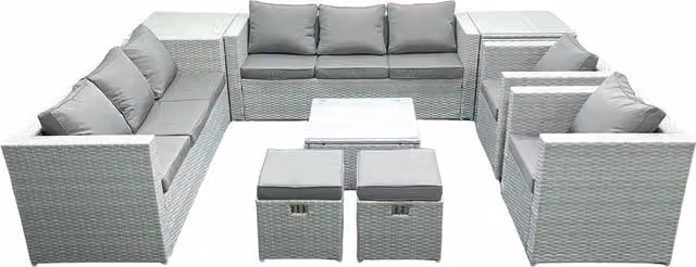 Fimous Outdoor Rattan Garden Furniture Set in Light Grey with 2 Armchairs, Square Coffee Table, 2 Small Footstools and 2 Side Tables