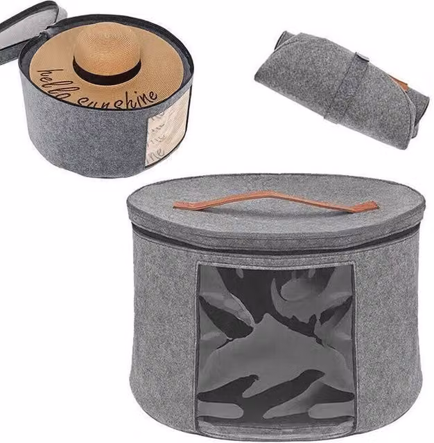 KORVIXA Round Hat Storage Box in Grey, Foldable Fabric Organiser with Handles, Diameter: 80 cm