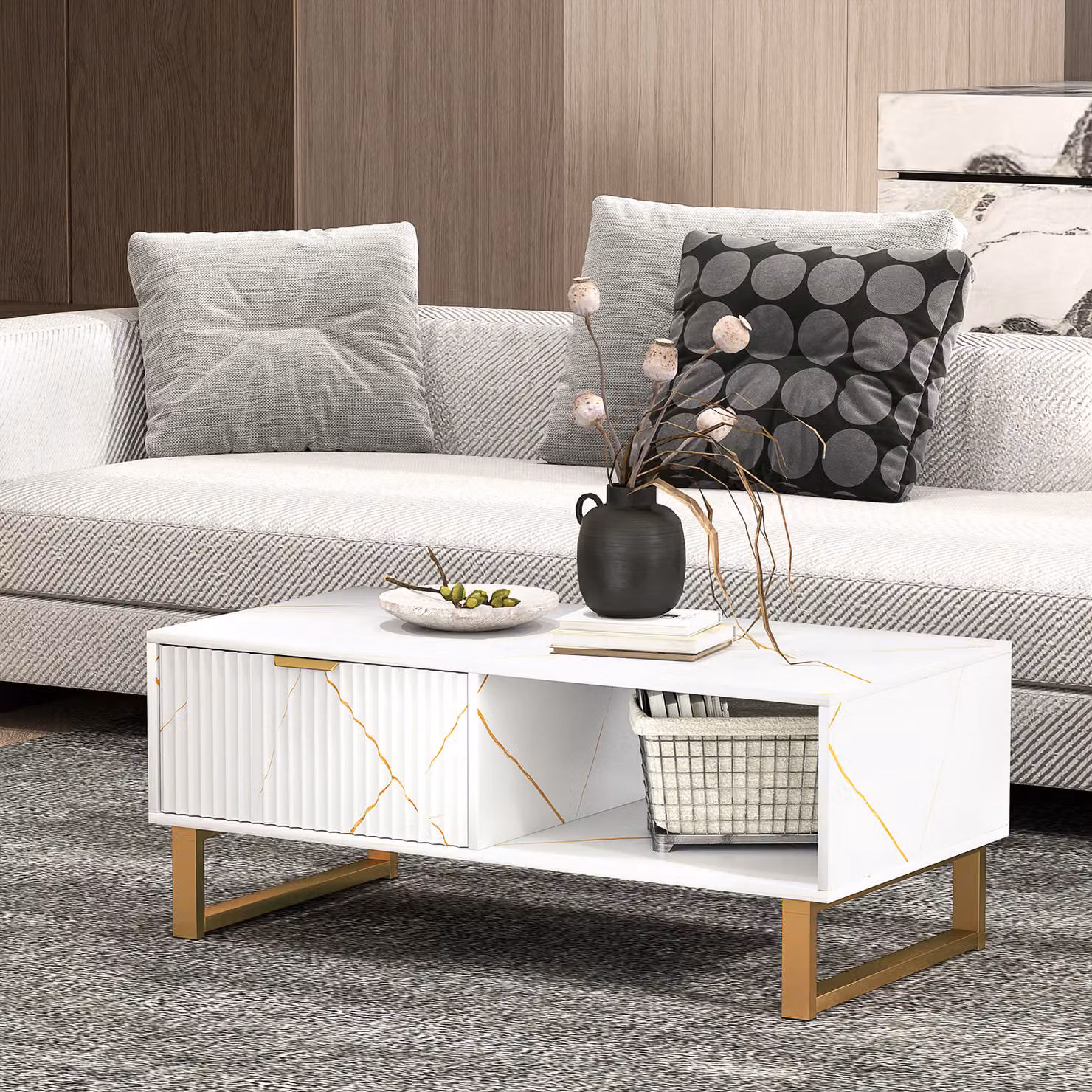 HOMCOM Modern Rectangular Marble Effect Storage Coffee Table in White and Gold – 3