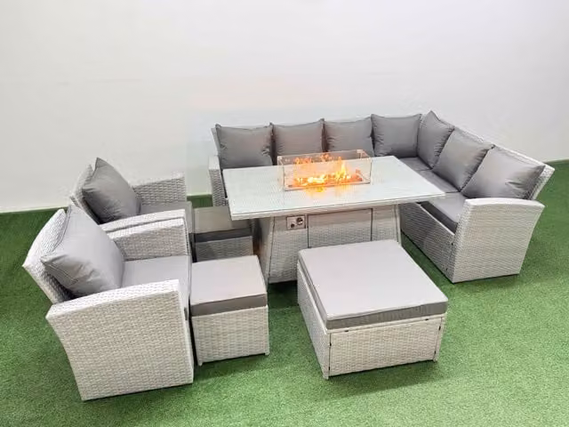 Fimous Outdoor Garden Dining Set with Gas Firepit Table and 3 Footstools in Light Grey