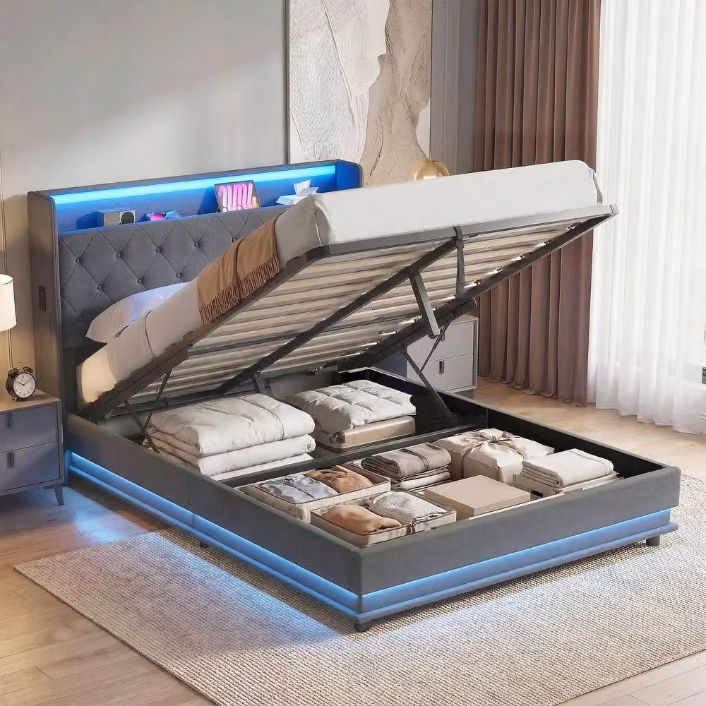 HOMCOM Double Lift Up Storage Bed Frame with RGB LED Lights and USB Charging Ports in Dark Grey – 2