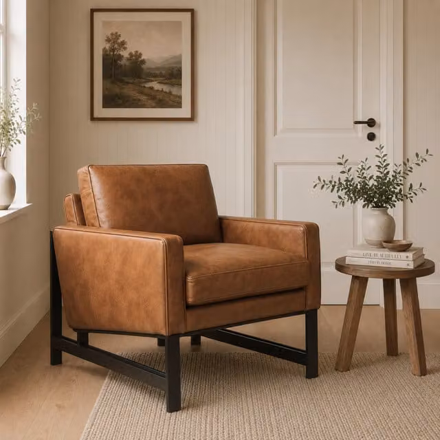 Elm Home And Garden Industrial Genuine Leather Armchair with Metal Frame in Black