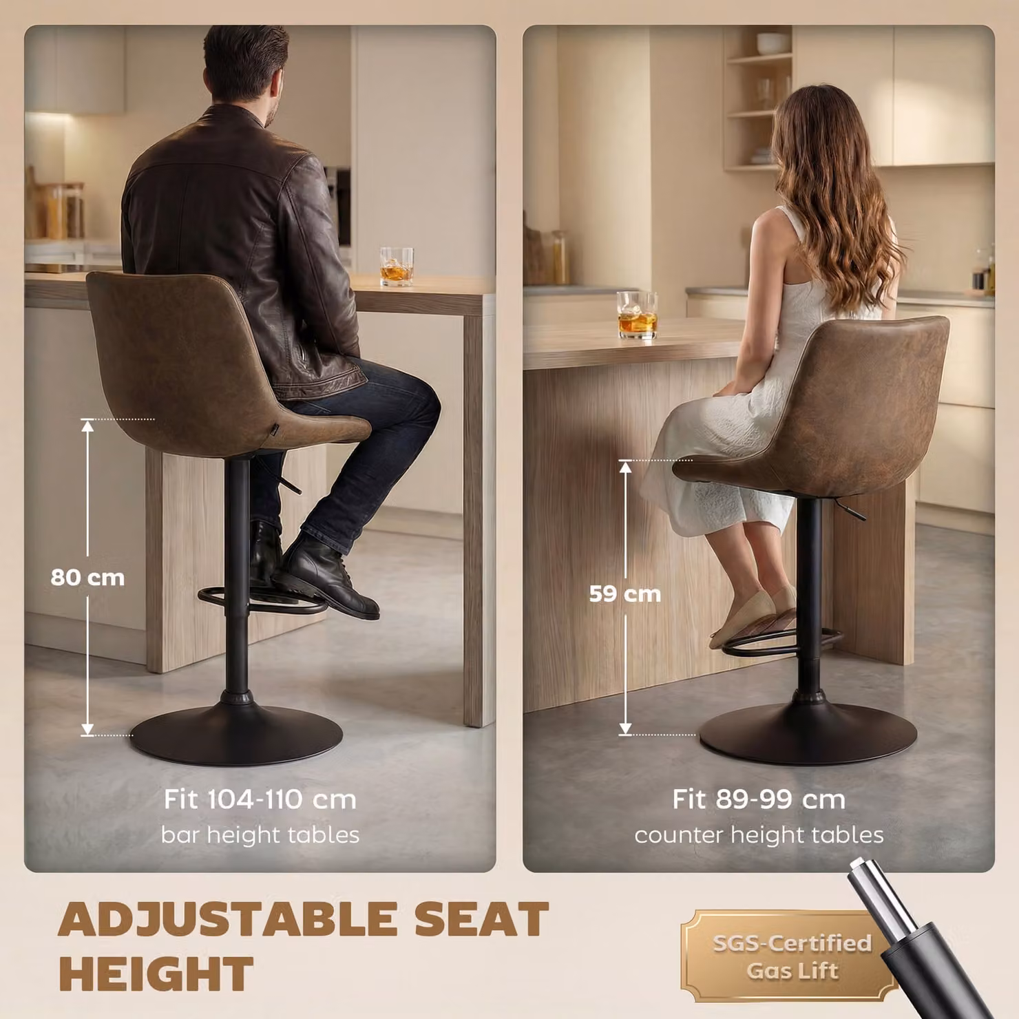 HOMCOM Set of 2 Brown Leather Upholstered Breakfast Bar Stools with Back and Swivel Seat – 4
