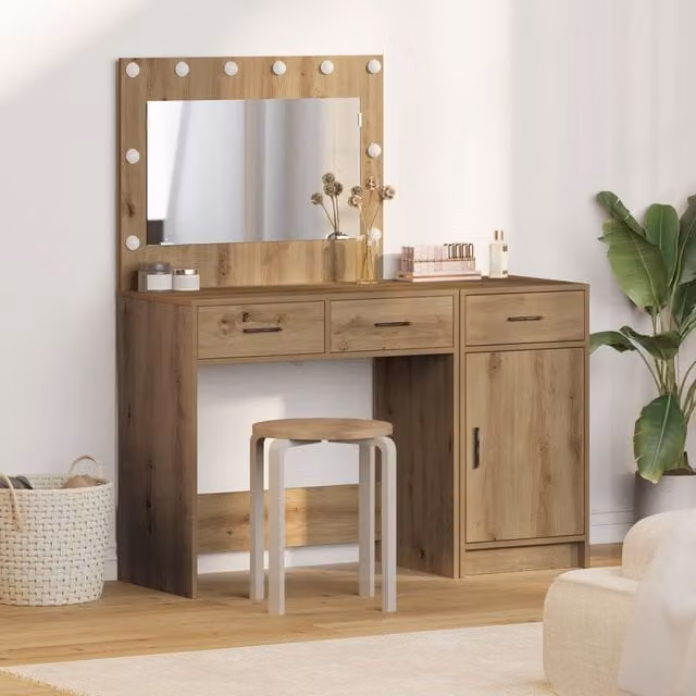 Berkfield Home 2-Piece Hollywood LED Dressing Table Set in Artisan Oak Brown – 1