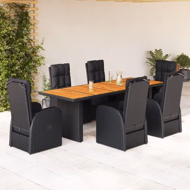 Berkfield Home 7 Piece Black Poly Rattan Garden Dining Set with Acacia Wood Details and Cushions – 1