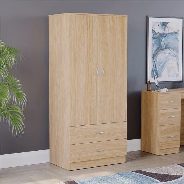 FORGEVIO Modern Solid Pine Wooden Wardrobe in Beige with Hinged Doors and Integrated Drawers