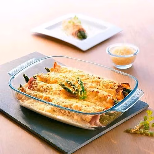 Pyrex Classic Lasagne Dishes in Transparent Glass and Stainless Steel, 3.6 l and 2.6 l – 2