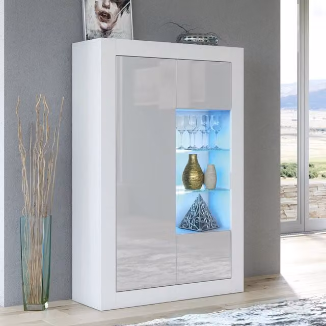 Creative Furniture Arcadia Modern Glossy Display Cabinet in White and Grey with Glass Doors and Integrated Lighting, W/H: 140 x 93 x 35 cm