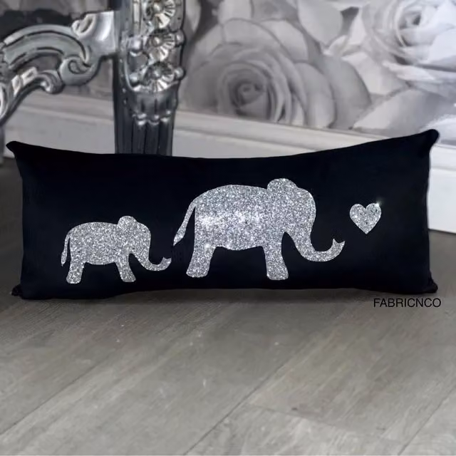Fabricnco Black and Silver Plush Elephant Rectangular Cushion