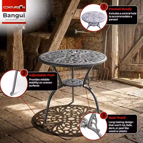 Centurion BANGUI Outdoor Bistro Table in Grey Cast Aluminium with Parasol Hole, Diameter: 68.5 cm, Height: 70 cm – 5