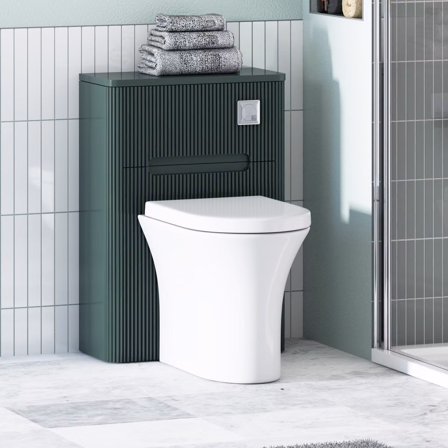 Avenza Moss Green Wall Mounted WC Unit with Breeze Rimless Ceramic Toilet Pan, Soft Close Seat and Cistern, Depth: 55 cm