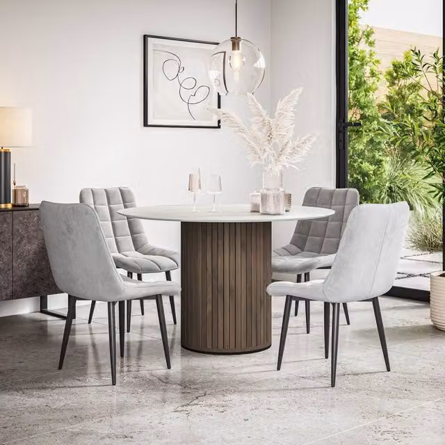 More4Homes Arlo White Marble Top Round Dining Table with Walnut Legs and 4 Grey Nova Velvet Dining Chairs, W/D/H: 120 x 120 x 75 cm
