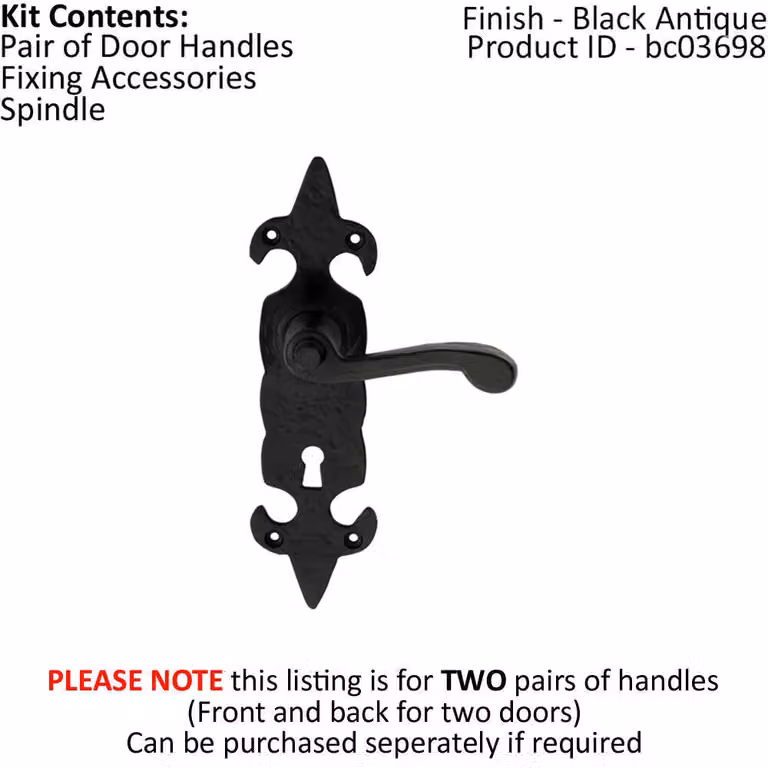 Loops 2x Pair Forged Scroll Lever Handles with Lock Backplate in Matt Black Antique, 20.6 x 5.7 cm