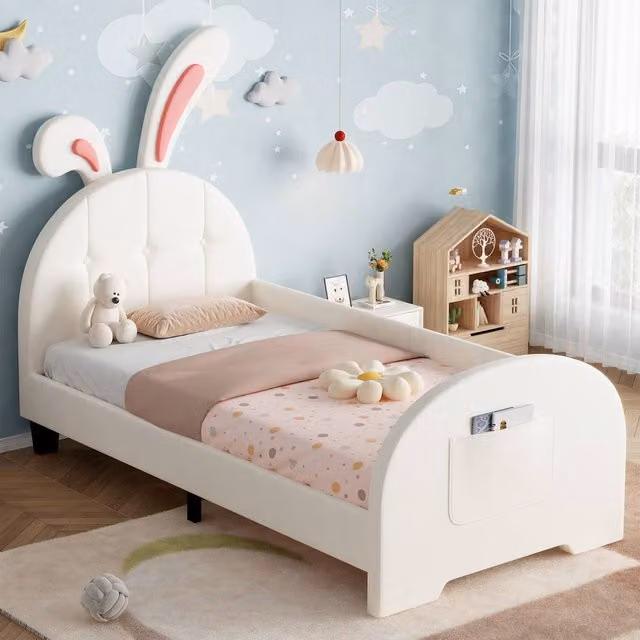 Matteo Rabbit-Shaped Upholstered Single Bed Frame with Side Compartments in Beige and White, W/D/H: 90 x 200 cm